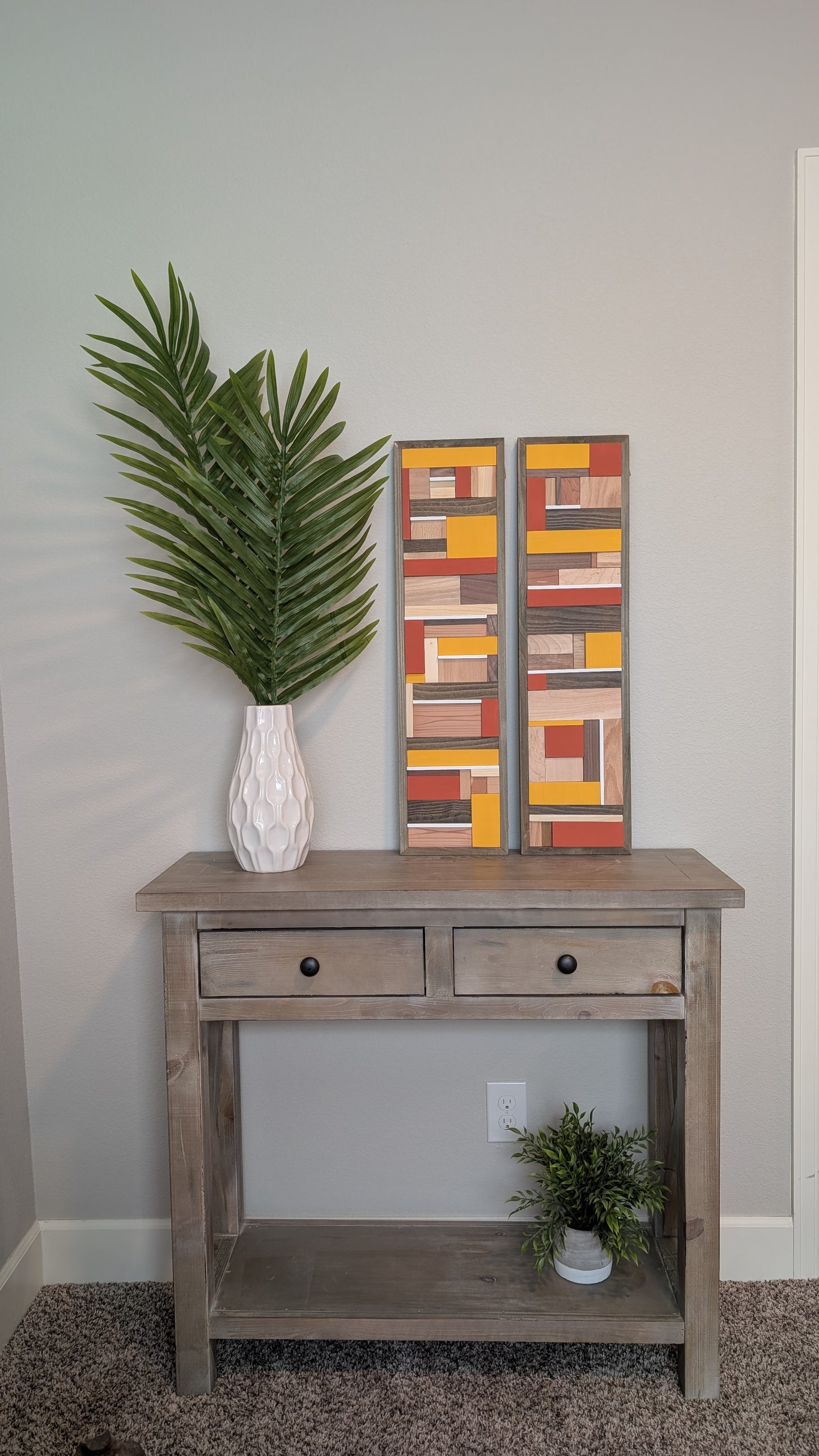 Terra Cotta/Mustard Wooden Artwork, Geometric Collage Art, Wall Hanging, Natural Wood Art