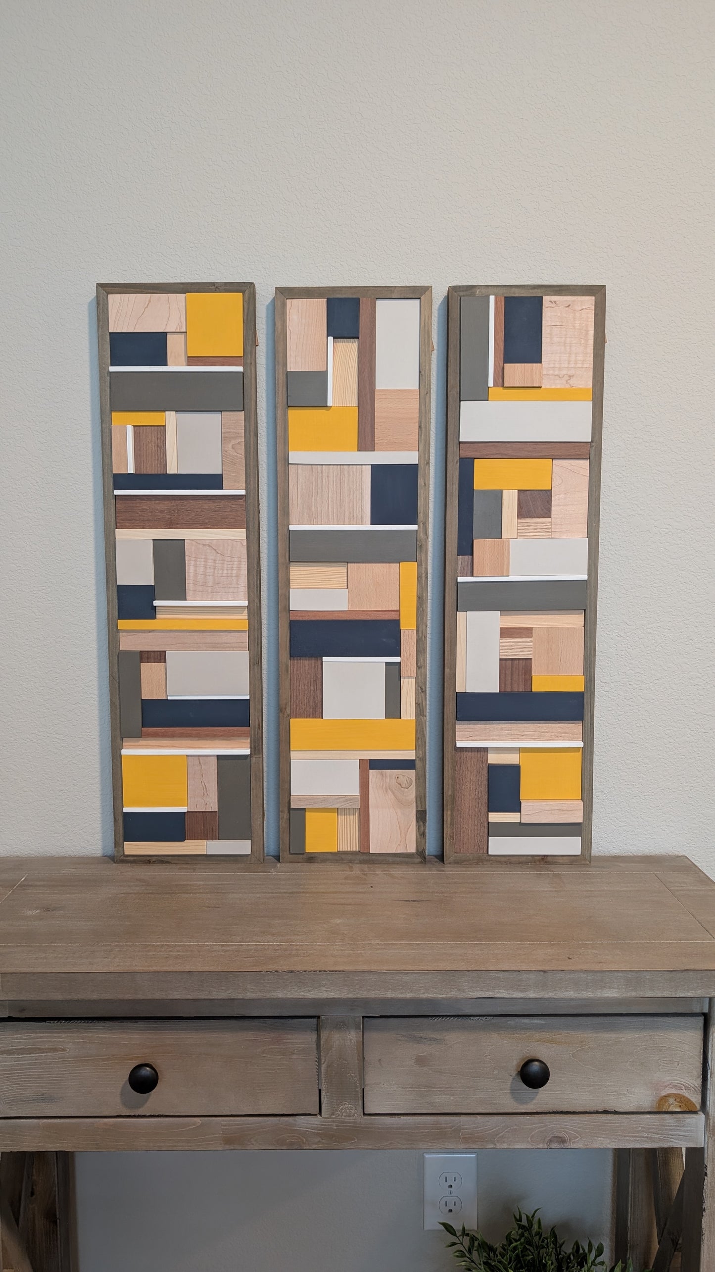 Navy Blue/Mustard/ Brown Wooden Artwork, Geometric Collage Art, Wall Hanging, Natural Wood Art