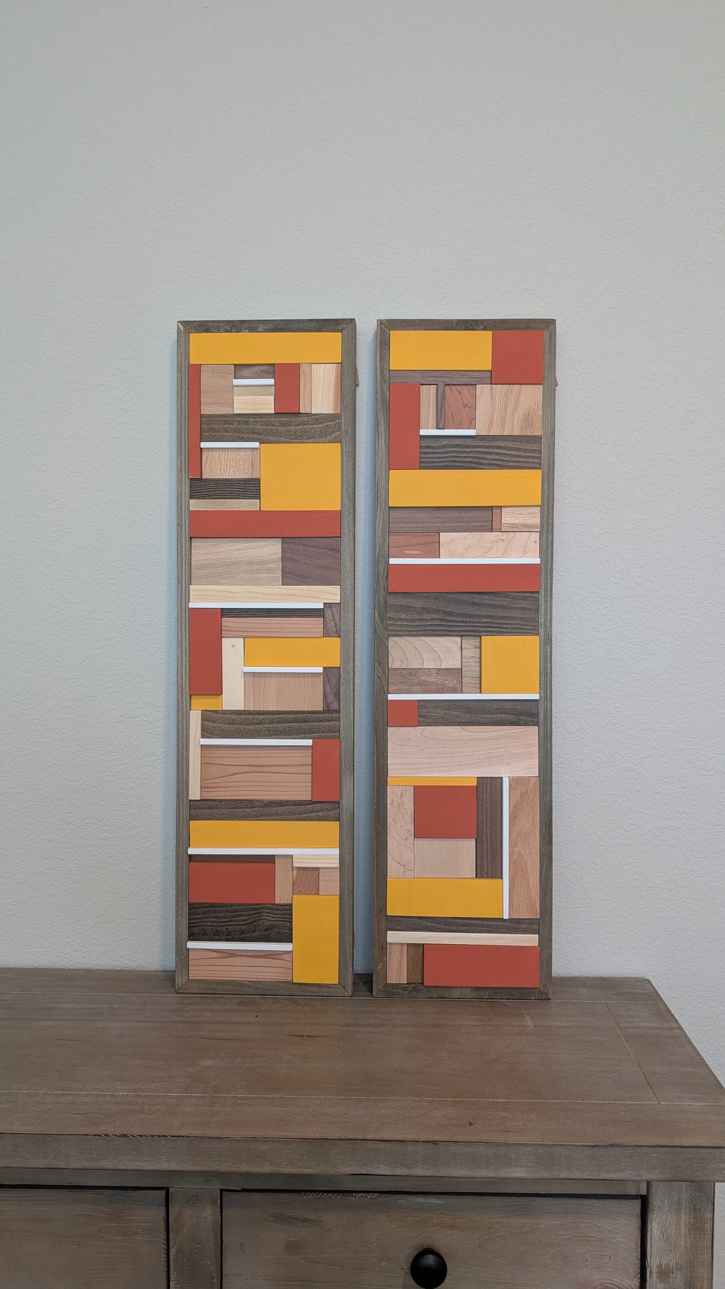 Terra Cotta/Mustard Wooden Artwork, Geometric Collage Art, Wall Hanging, Natural Wood Art