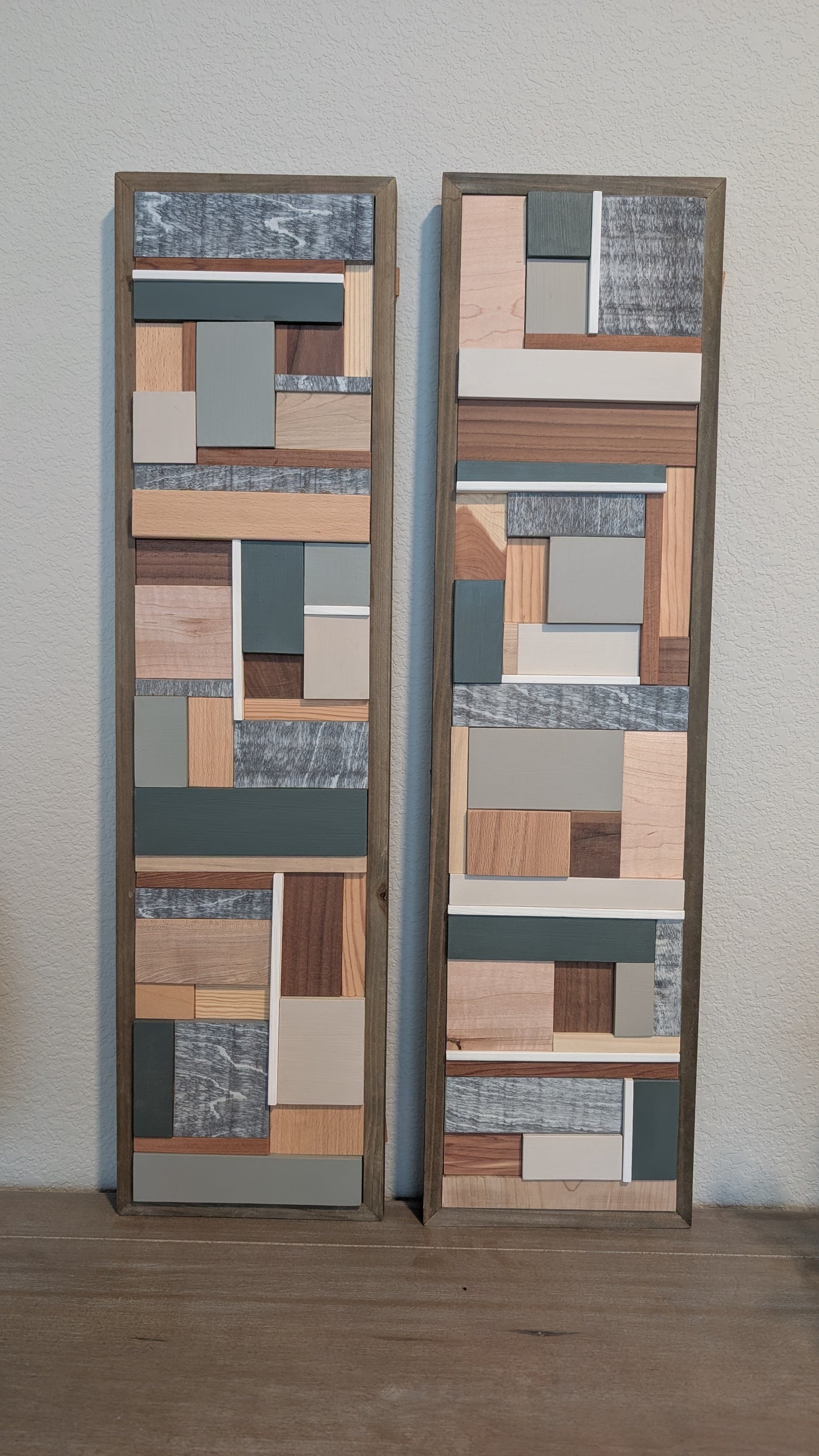 Teal/Tan Wooden Artwork, Geometric Collage Art, Wall Hanging, Natural Wood Art