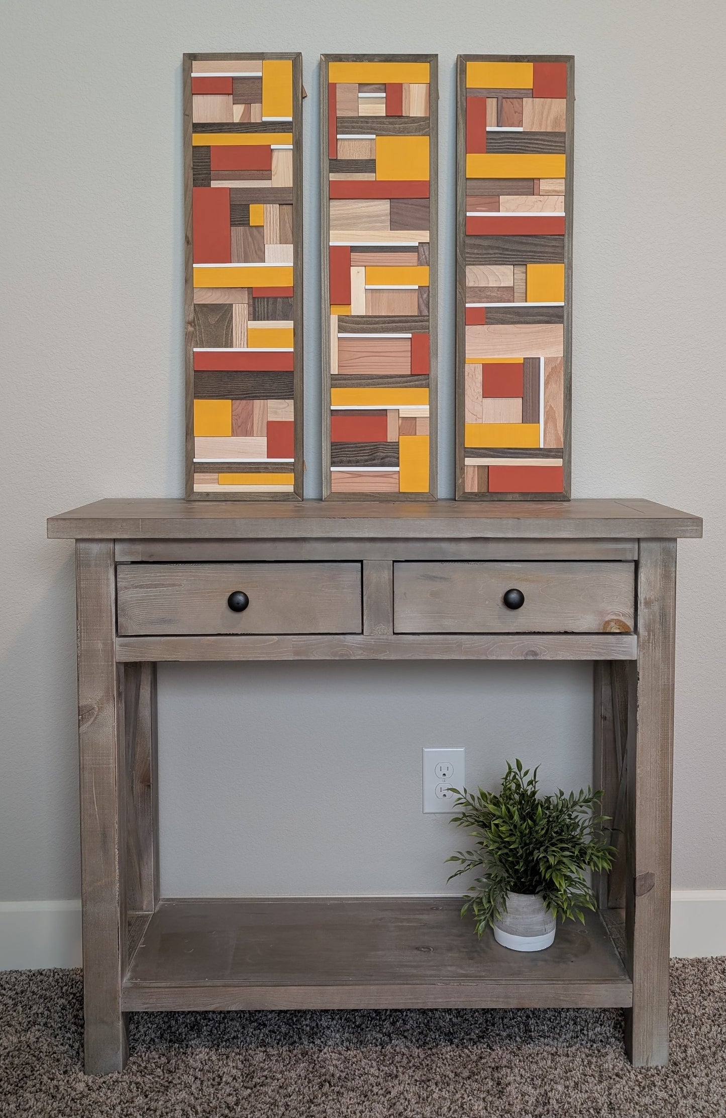 Terra Cotta/Mustard Wooden Artwork, Geometric Collage Art, Wall Hanging, Natural Wood Art