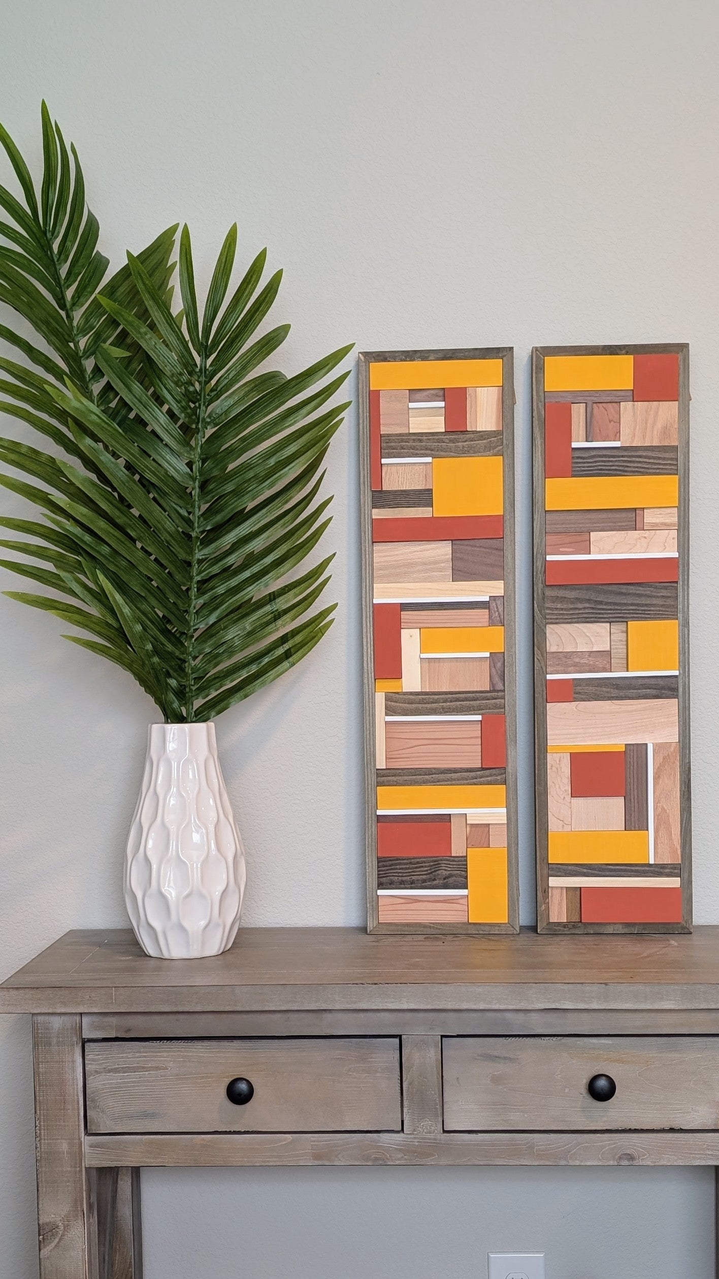 Terra Cotta/Mustard Wooden Artwork, Geometric Collage Art, Wall Hanging, Natural Wood Art