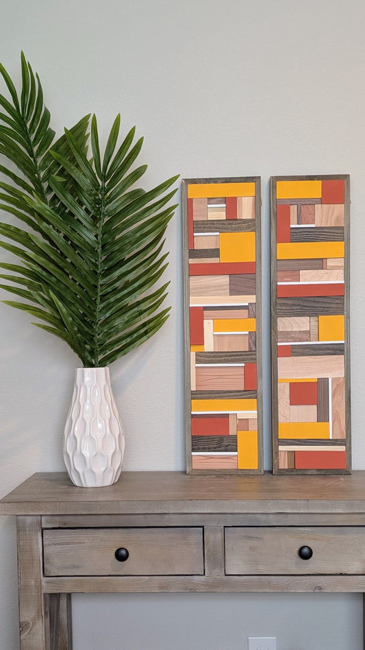 Terra Cotta/Mustard Wooden Artwork, Geometric Collage Art, Wall Hanging, Natural Wood Art