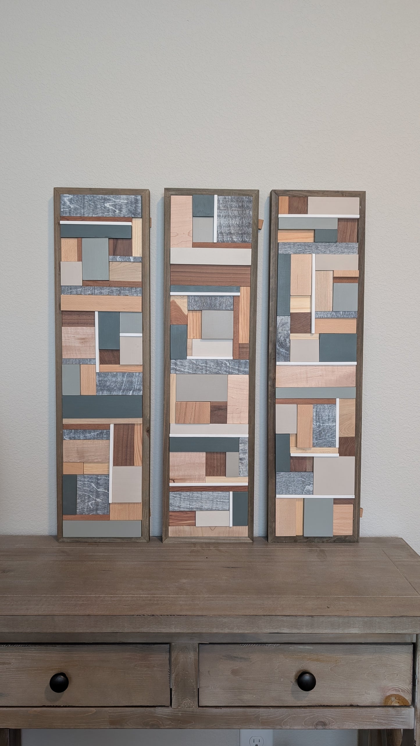 Teal/Tan Wooden Artwork, Geometric Collage Art, Wall Hanging, Natural Wood Art
