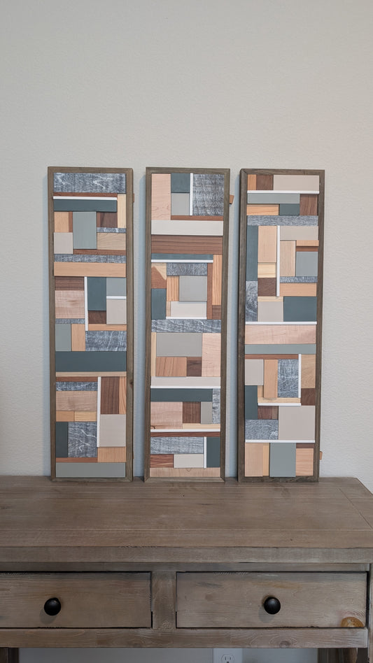 Teal/Tan Wooden Artwork, Geometric Collage Art, Wall Hanging, Natural Wood Art