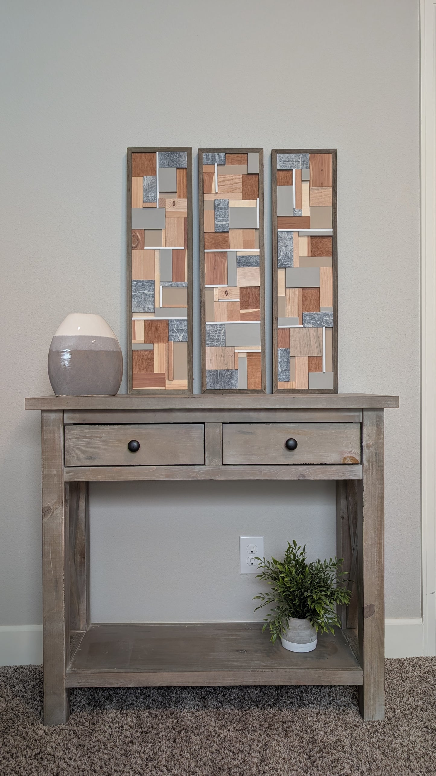 Grey/Tan Wooden Artwork, Geometric Collage Art, Wall Hanging, Natural Wood Art