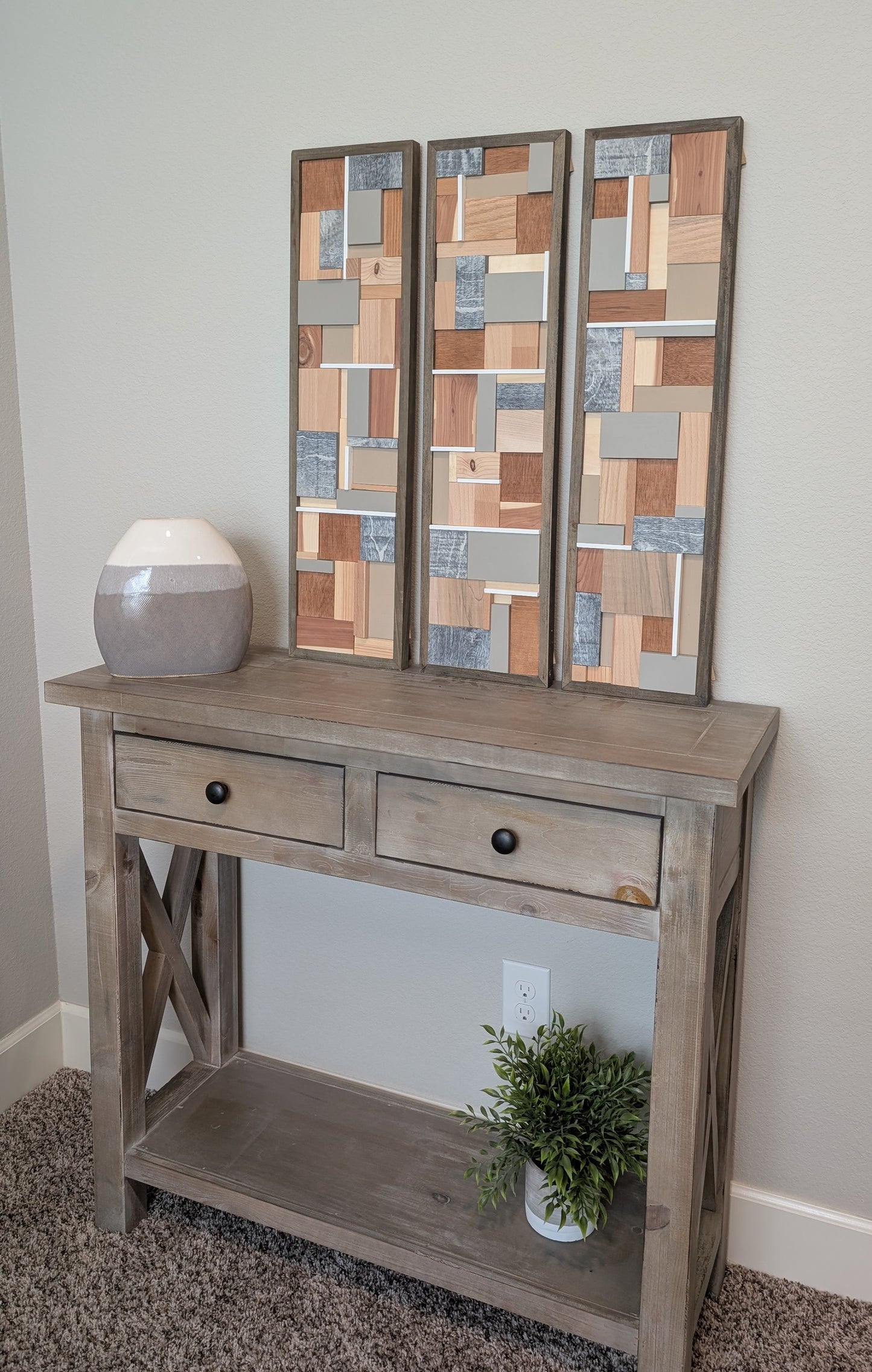Grey/Tan Wooden Artwork, Geometric Collage Art, Wall Hanging, Natural Wood Art