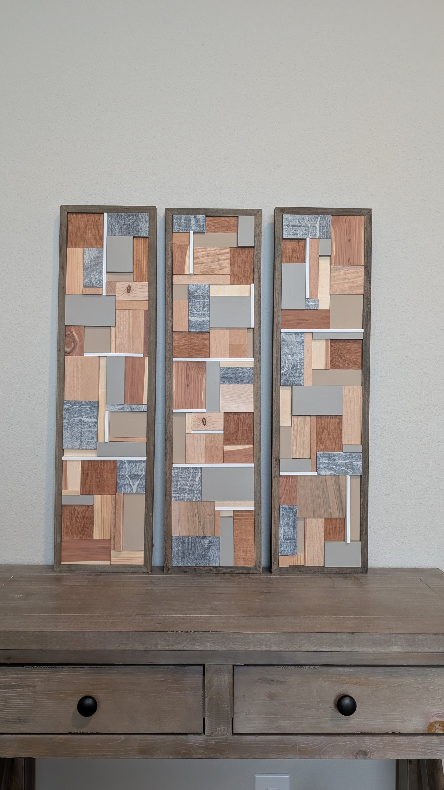 Grey/Tan Wooden Artwork, Geometric Collage Art, Wall Hanging, Natural Wood Art