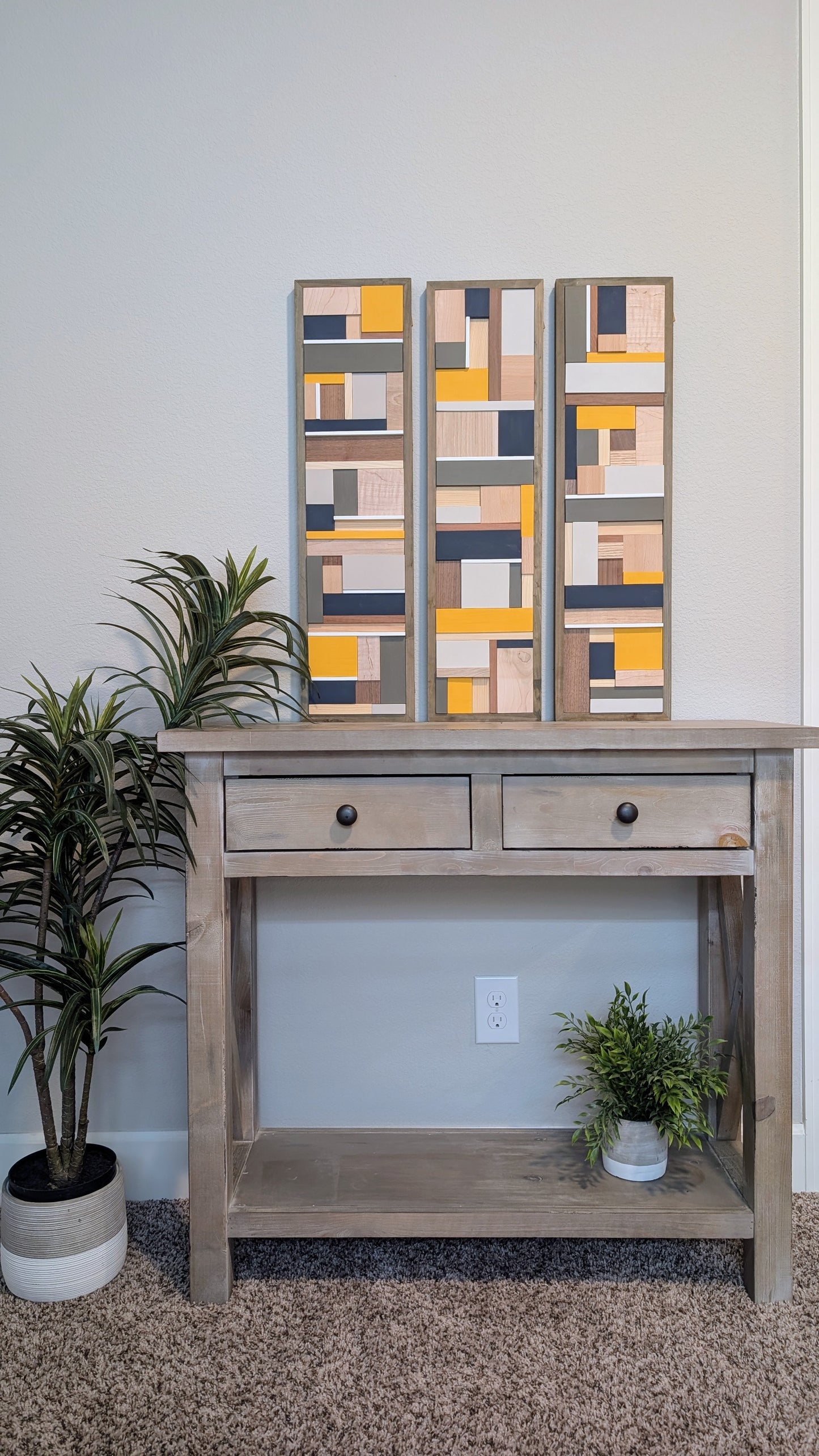 Navy Blue/Mustard/ Brown Wooden Artwork, Geometric Collage Art, Wall Hanging, Natural Wood Art
