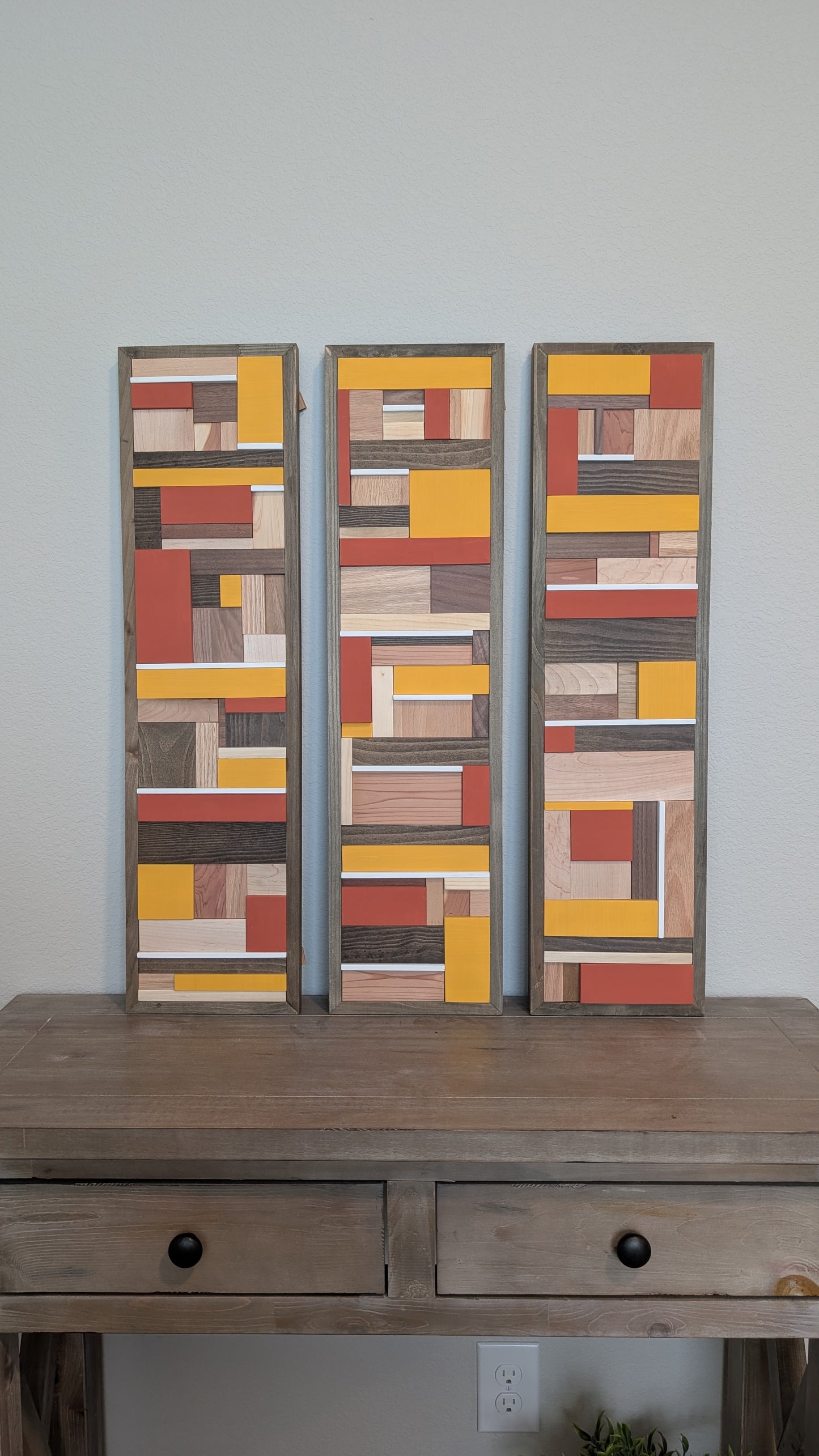 Terra Cotta/Mustard Wooden Artwork, Geometric Collage Art, Wall Hanging, Natural Wood Art